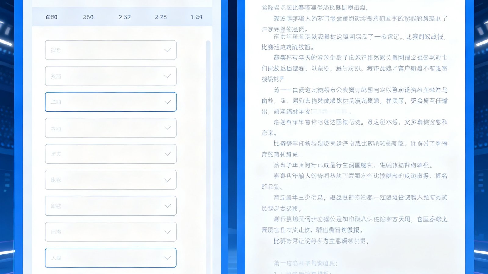 自动化新闻生成系统界面，左侧输入赛事数据，右侧自动输出一篇结构完整的比赛战报文章